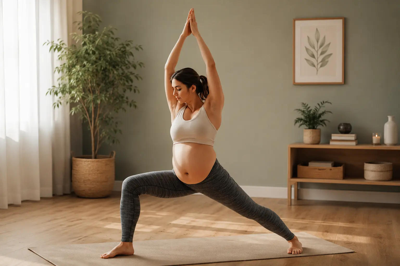 Pregnant woman practicing prenatal yoga at home