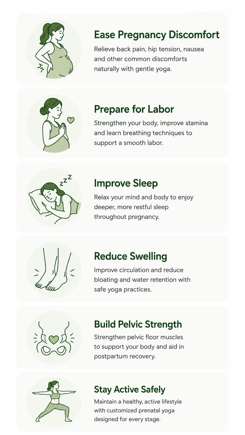Common Goals We Help You Achieve — Ease Pregnancy Discomfort, Prepare for Labor, Improve Sleep, Reduce Swelling, Build Pelvic Strength, Stay Active Safely