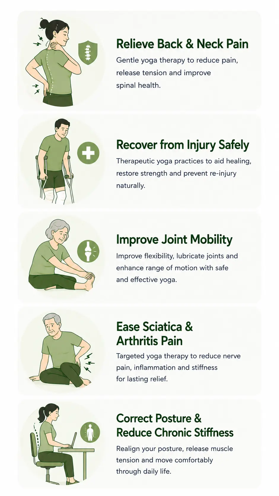 Common Goals We Help You Achieve — Relieve Back & Neck Pain, Recover from Injury Safely, Improve Joint Mobility, Ease Sciatica & Arthritis Pain, Correct Posture, Reduce Chronic Stiffness