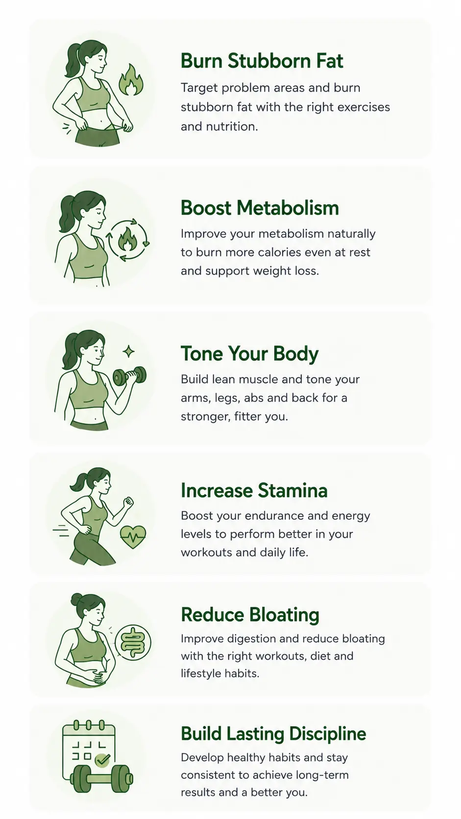 Common Goals We Help You Achieve — Burn Stubborn Fat, Boost Metabolism, Tone Your Body, Increase Stamina, Reduce Bloating, Build Lasting Discipline