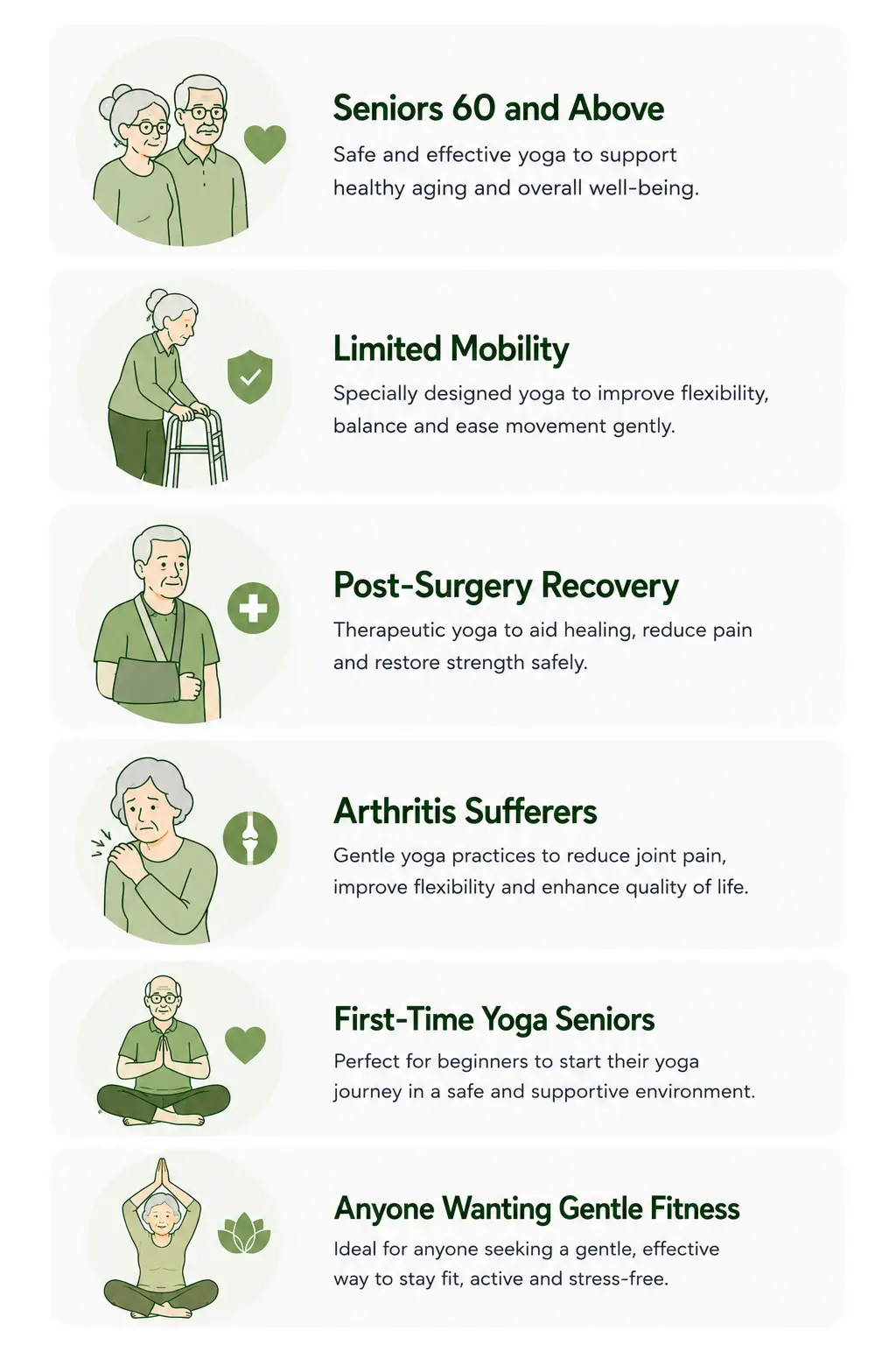 Who is This For — Seniors 60 and Above, Limited Mobility, Post-Surgery Recovery, Arthritis Sufferers, First-Time Yoga Seniors, Anyone Wanting Gentle Fitness