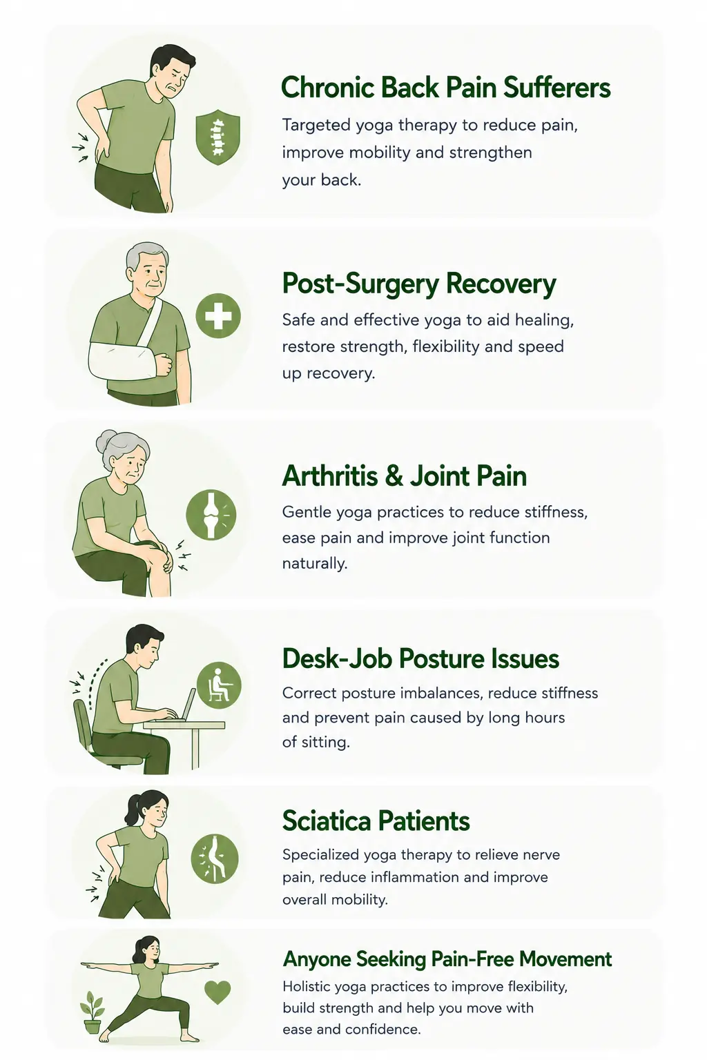 Who is This For — Chronic Back Pain Sufferers, Post-Surgery Recovery, Arthritis & Joint Pain, Desk-Job Posture Issues, Sciatica Patients, Anyone Seeking Pain-Free Movement