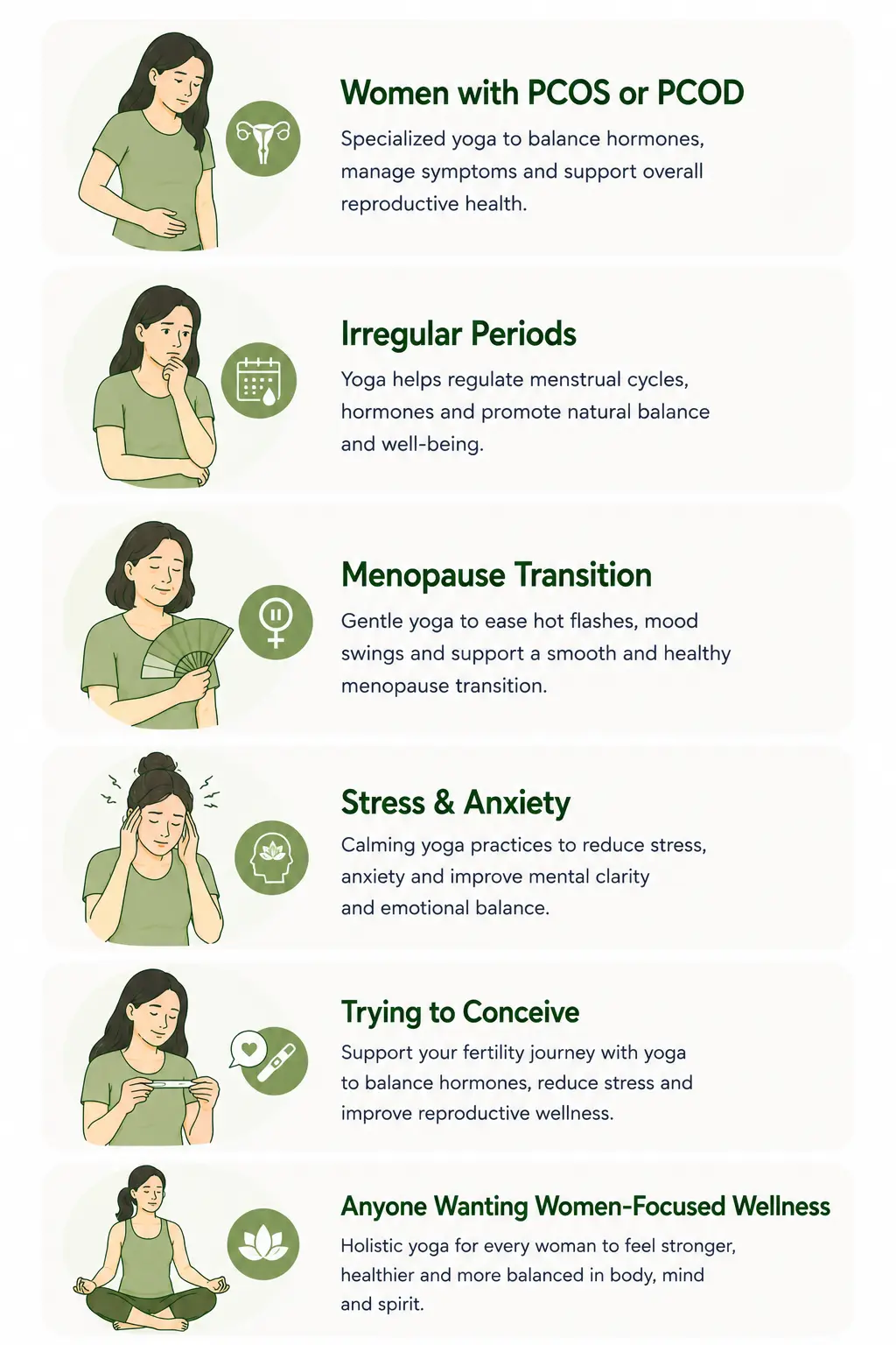 Who is This For — Women with PCOS or PCOD, Irregular Periods, Menopause Transition, Stress & Anxiety, Trying to Conceive, Anyone Wanting Women-Focused Wellness