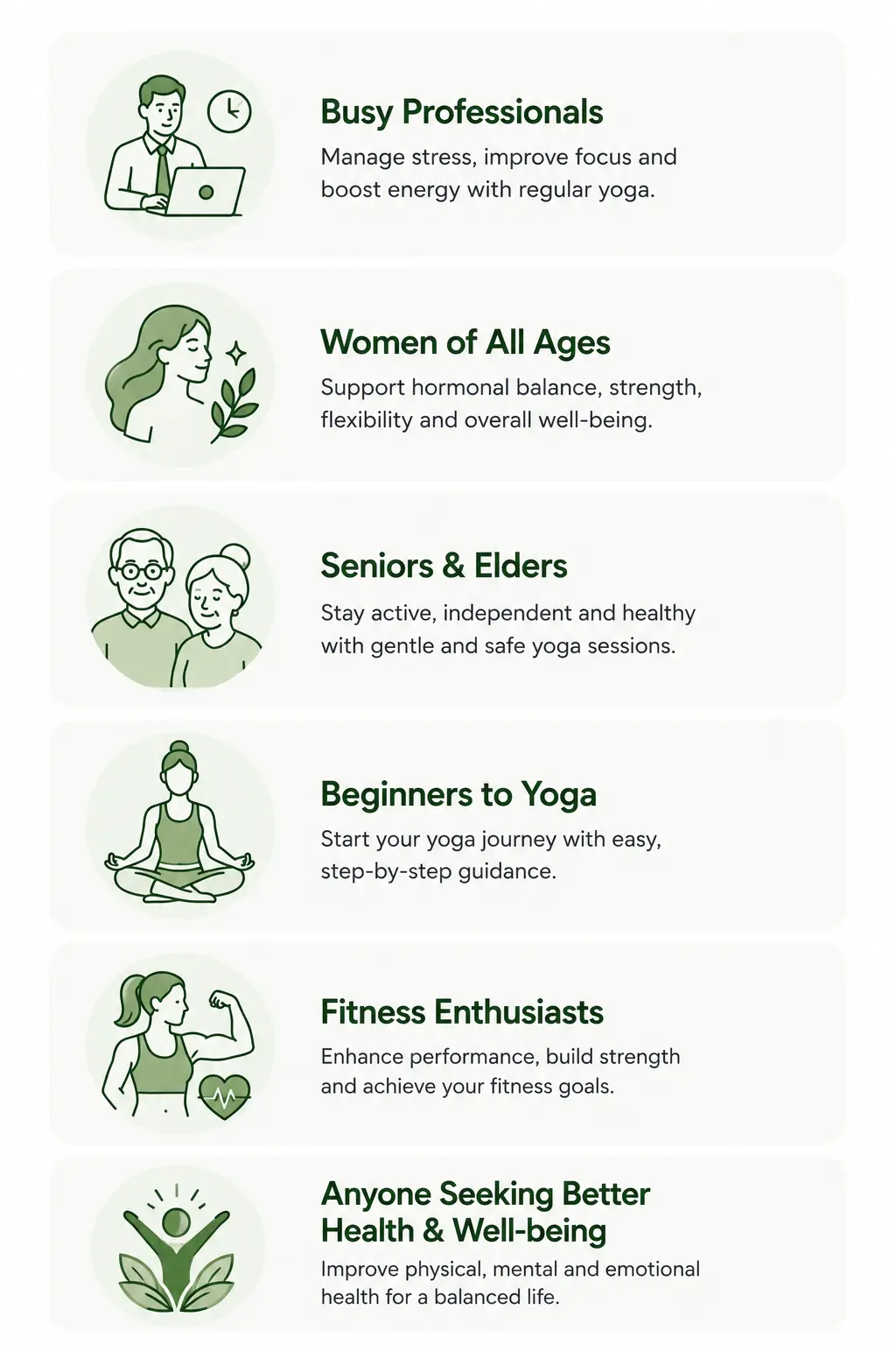 Who is This For — Busy Professionals, Women of All Ages, Seniors & Elders, Beginners to Yoga, Fitness Enthusiasts, Anyone Seeking Better Health & Well-being